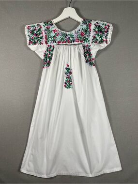 Kids Vintage Mexican Embroidered Dress White Floral Puebla Oaxacan Boho Size 4-6